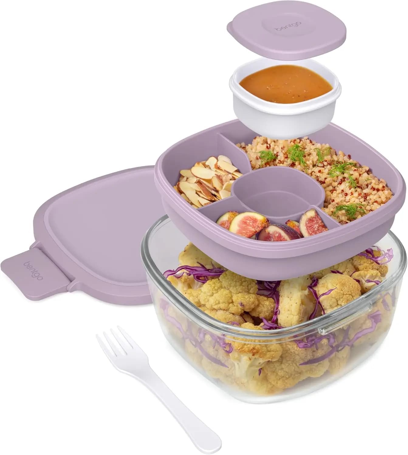 Contenitore per Insalata in Vetro con Coperchio Ermetico, Vassoio Bento Antisgocciolamento da 7,6 Tazze e Forchetta Riutilizzabile per Preparazione Pasti in Ufficio