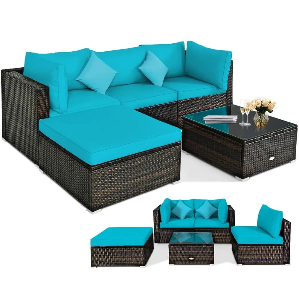 Set di mobili da giardino da 5 pezzi, set modulare da conversazione in vimini per esterni con tavolo in vetro temperato, cuscini, cuscini a combinazione libera