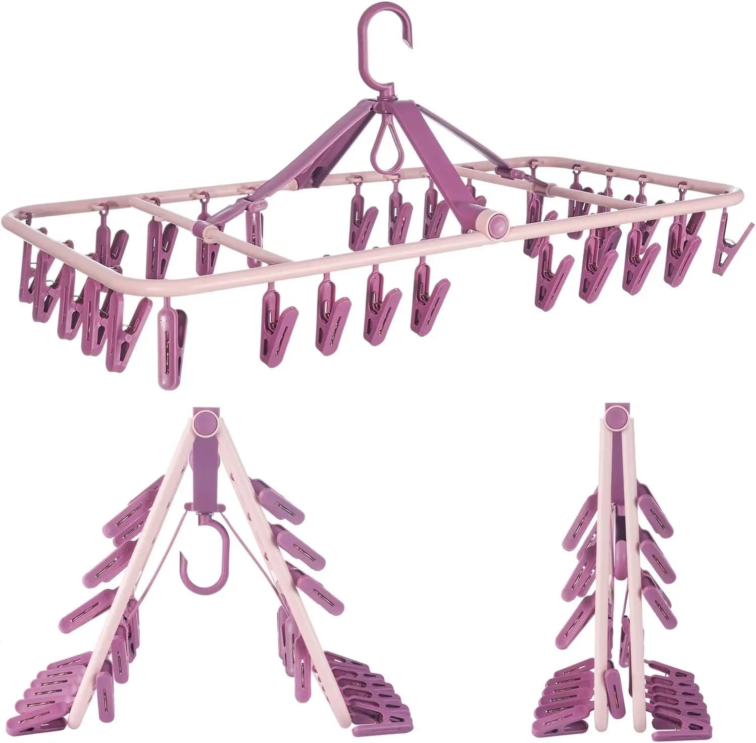 Appendiabiti pieghevole con 32 clip per asciugare biancheria intima, calzini, reggiseni, lingerie, colore rosa