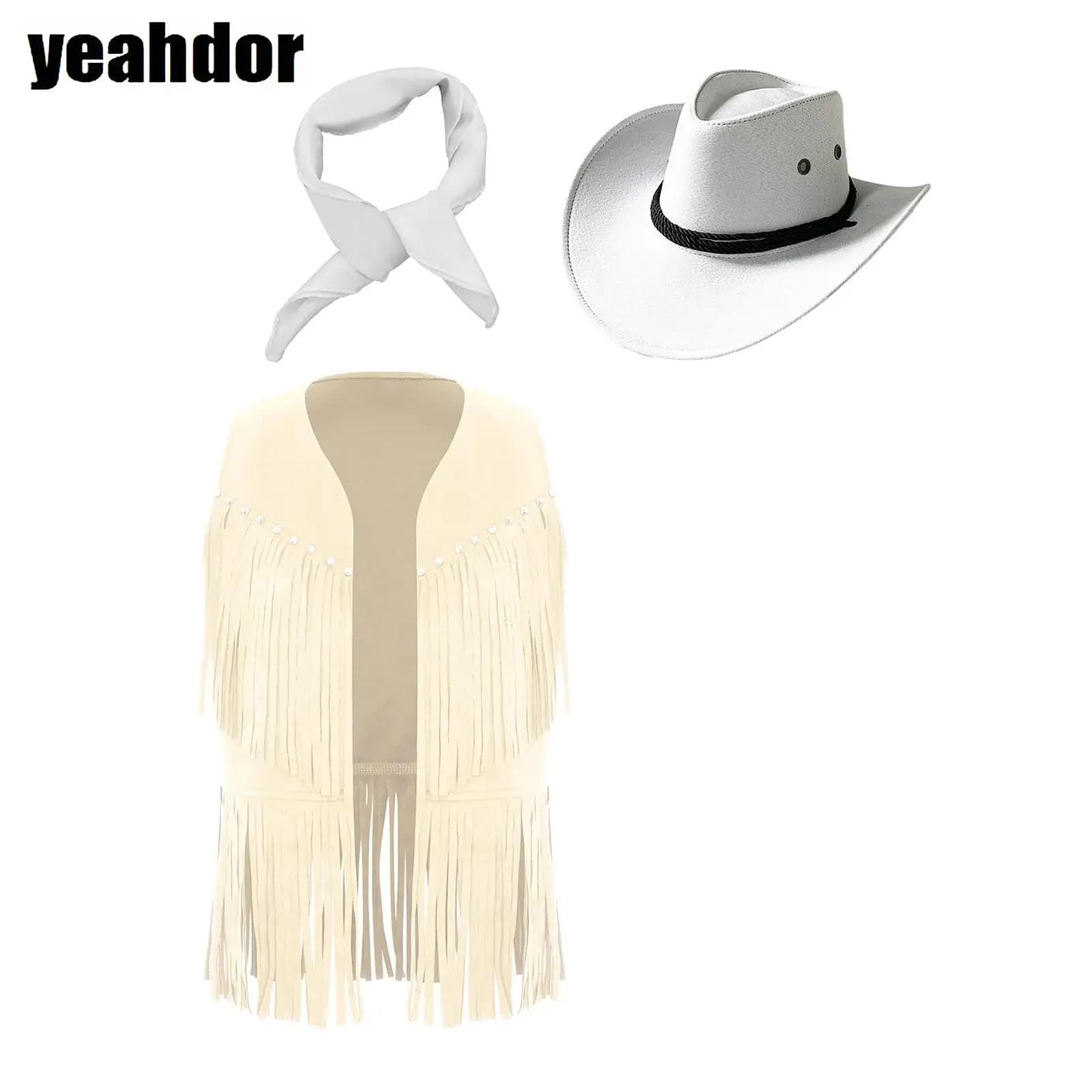 Costume da cowboy occidentale per ragazze, cosplay di Halloween, cowgirl, nappe, gilet con frange e cappello da cowboy in feltro, set di sciarpe quadrate