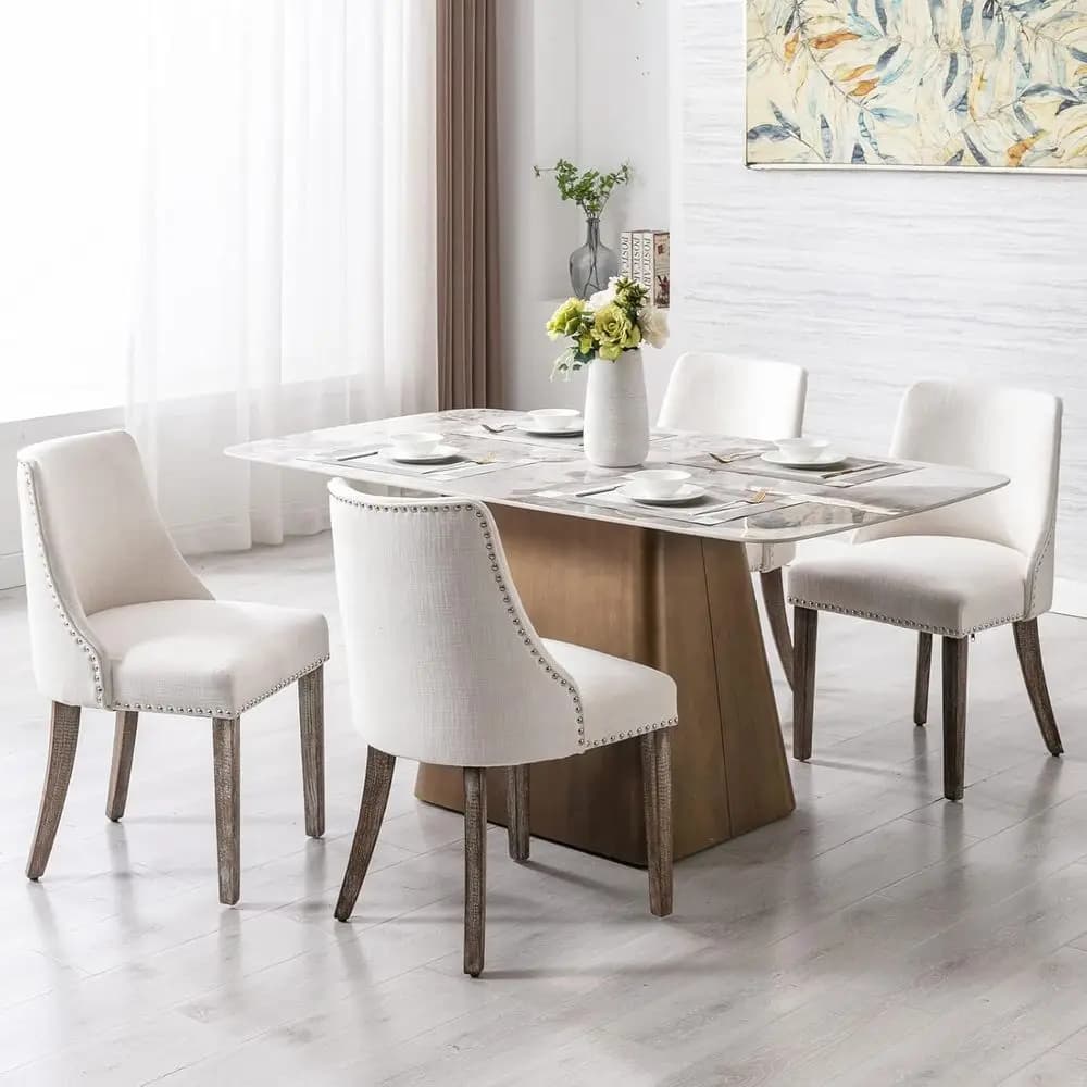 Set di 4 Sedie da Pranzo Imbottite in Velluto con Finitura a Borchie, Cuscini in Lino, Gambe in Legno per Soggiorno, Cucina, Camera da Letto, Sala da Pranzo