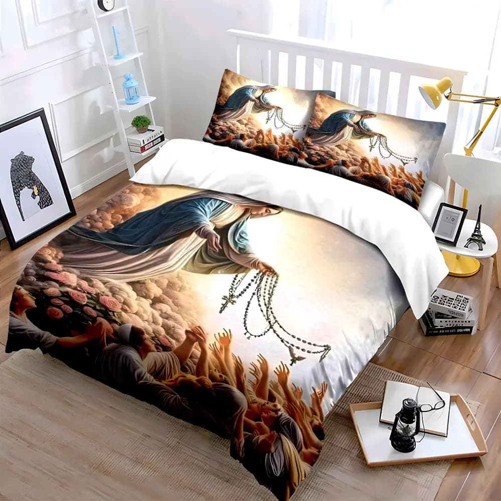 Set di biancheria da letto con stampa della Vergine Maria, decorazione artistica, regalo, set di biancheria da letto morbido e delicato sulla pelle, include 1 copripiumino e 2 federe, regalo