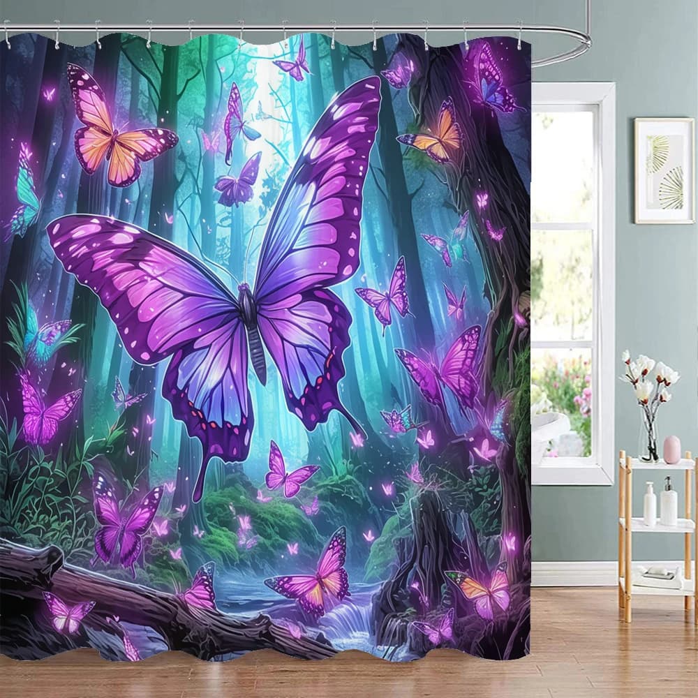 Tenda da doccia con motivo foresta delle fiabe, bellissima tenda da doccia con farfalle viola, tenda da doccia decorativa per il bagno, tenda da doccia impermeabile con gancio