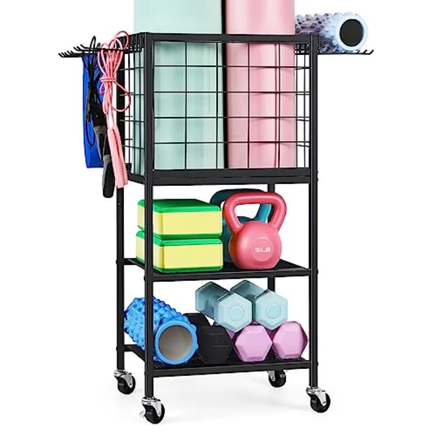 Cartoon for home gym with handlebar hooks, yoga mat and foam rolls, small metal organizer and wood for training equipment