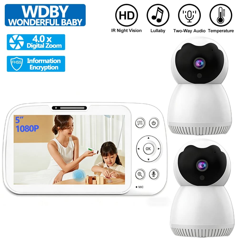 Monitor per Bambini con Schermo Touch da 5 Pollici, 2 Telecamere, Zoom 4X, Audio Bidirezionale, VOX, Ninna Nanne, Visione Notturna IR, Telecamera per la Sicurezza del Bambino