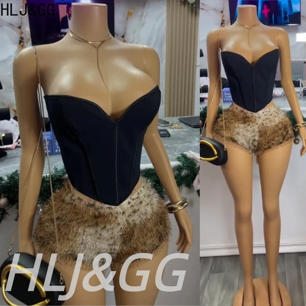 HLJ&GG Set Due Pezzi Sexy con Corsetto a Fascia Senza Spalline, Top Fasciante Senza Maniche e Schiena Scoperta + Pantaloncini Leopardati, Outfit Streetwear