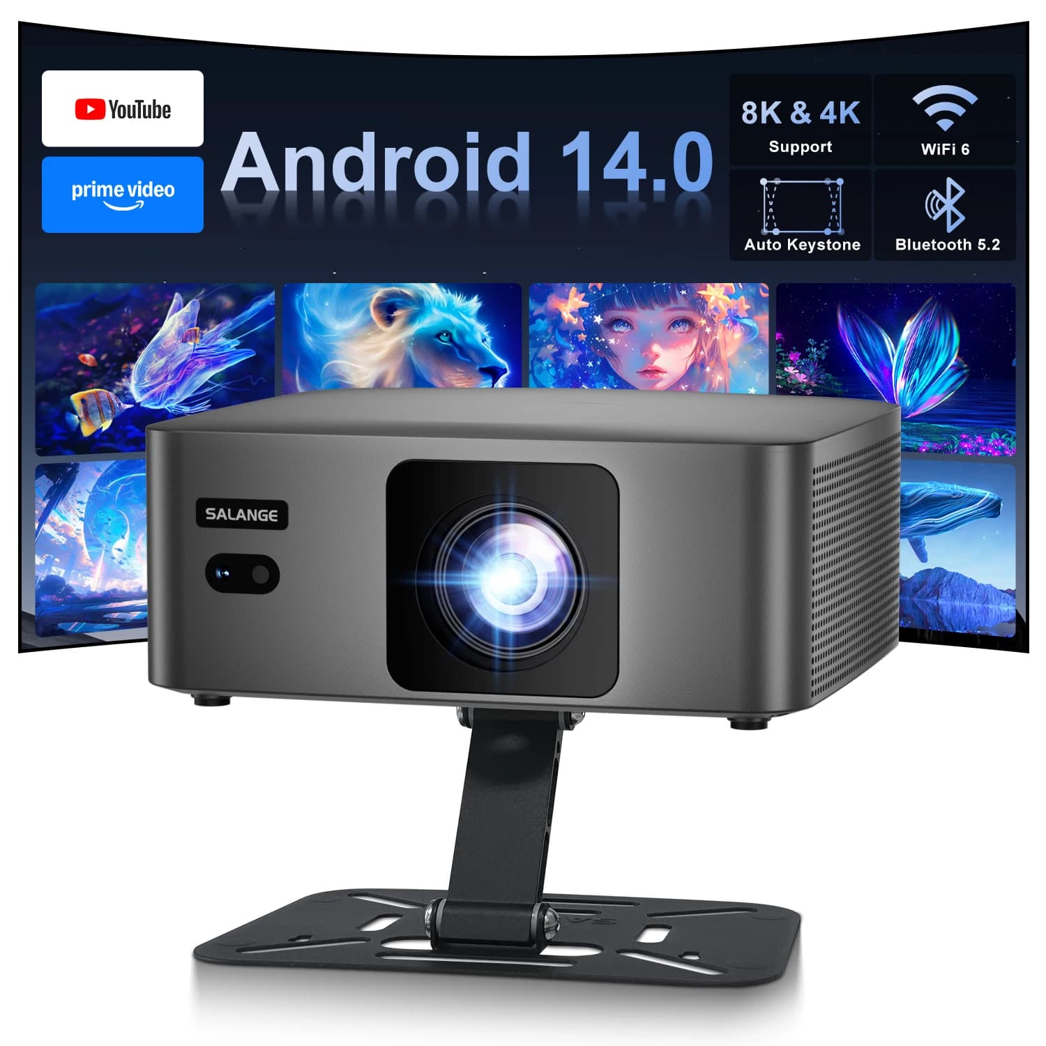 Salange P60Pro Android 14.0 Smart Projector 8K Supported WiFi6 Bluetooth 5.2 Auto Keystone Portable Home Theater Movie Projector
