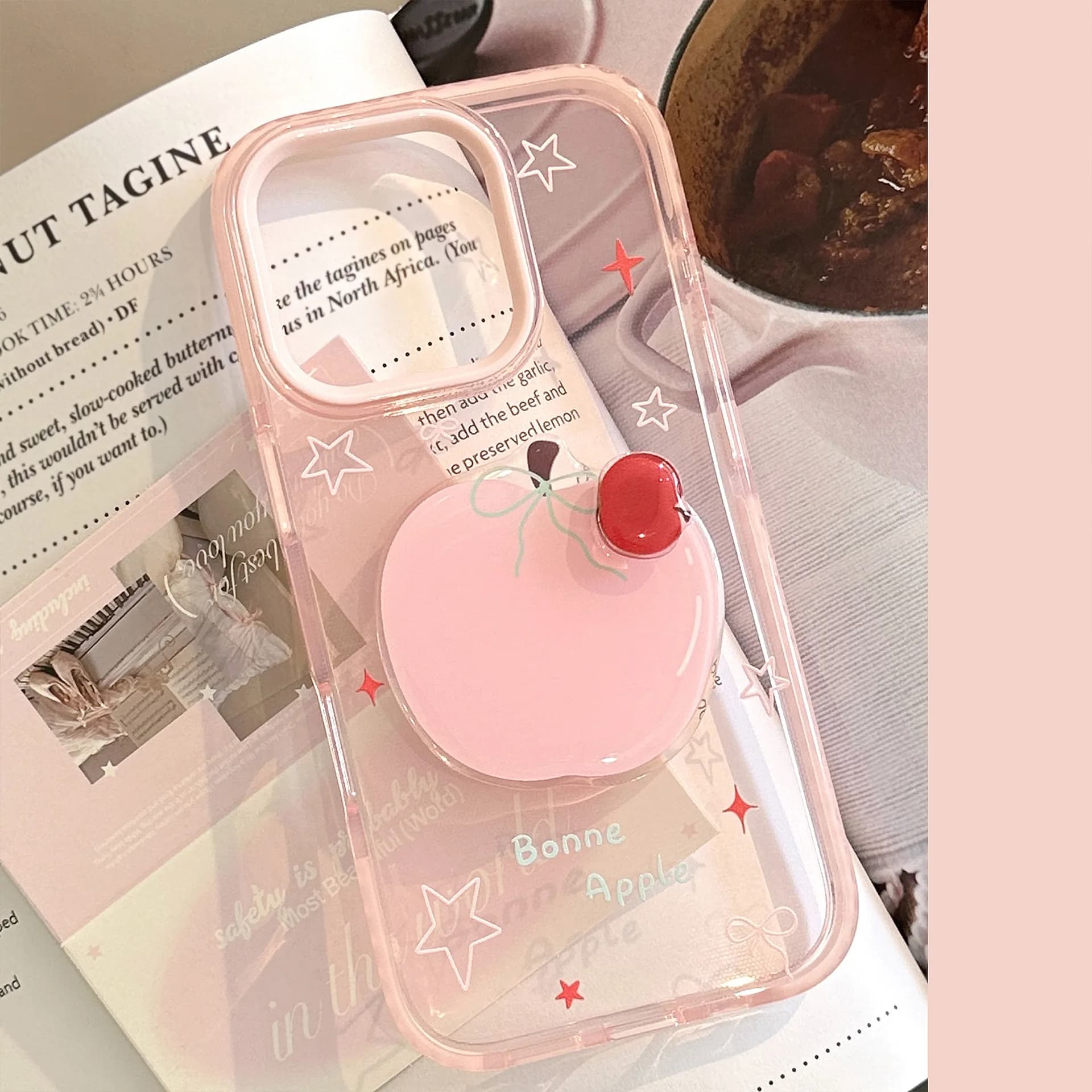 Fruit rotate Pink Apple art Sweet transparent Phone case For iPhone 17 16 15 14 13 12 Pro Max Case Cute Cartoon shockproof Cover