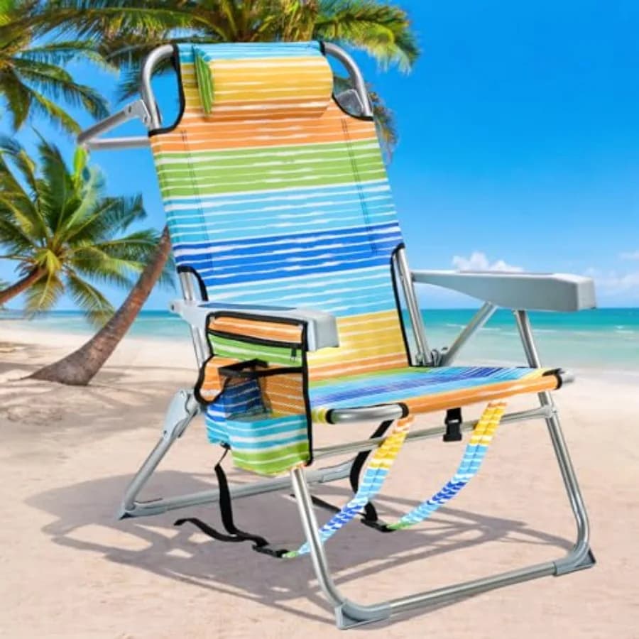 Sedie da spiaggia per adulti: sedia pieghevole portatile con portabicchieri e portasciugamani, reclinabile in 4 posizioni, color arcobaleno