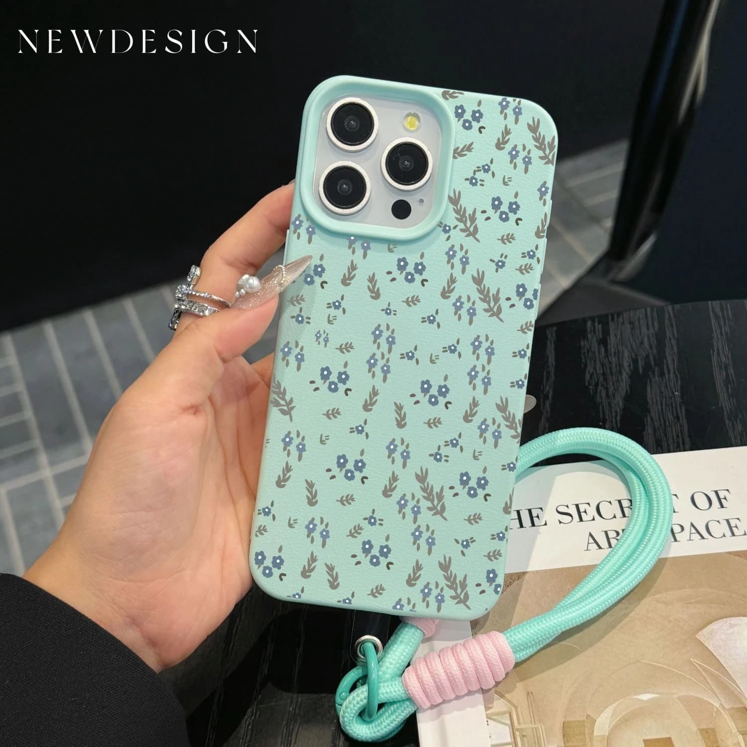 Custodia INS Fresh Blue con cordino a catena a fiori per iPhone 17 16 15 14 13 12 Pro Max 11 Plus, antiurto, con motivo Lichee