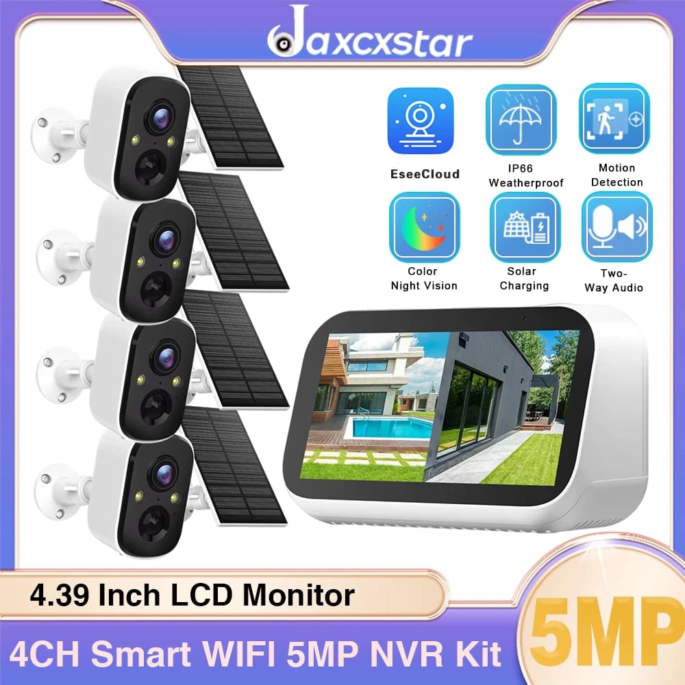 4CH 5MP 4.39 pollici Mini Baby Monitor di sorveglianza CCTV Touch LCD Screen NVR Sicurezza domestica Sistema di telecamere a batteria solare wireless