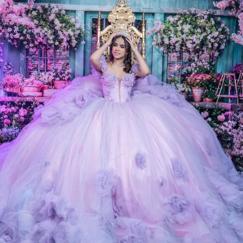 Abito da principessa lilla chiaro dolce 16 Abito Quinceanera Abiti con fiocco di fiori Perline Tull Festa di compleanno Abiti 15 De Anos