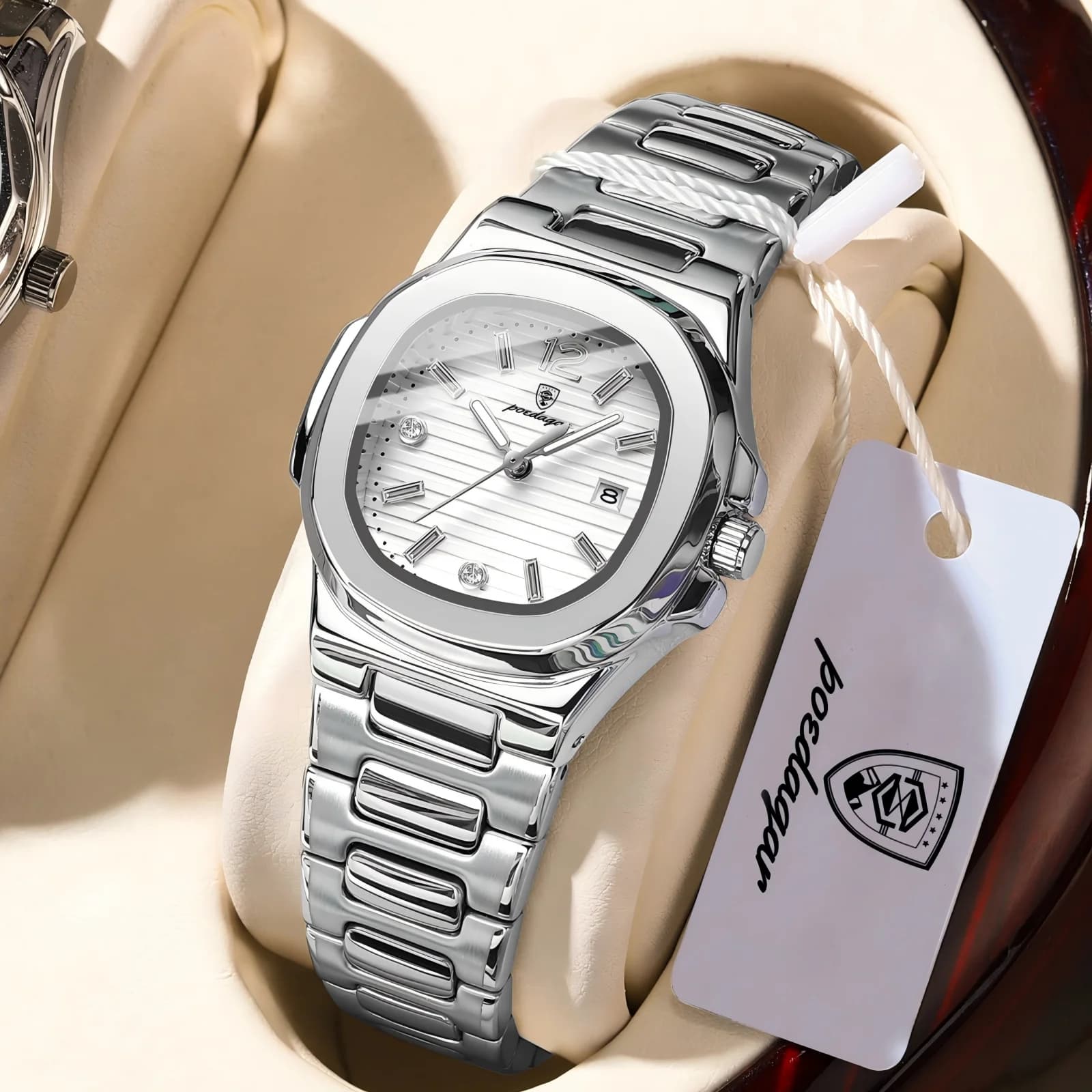 POEDAGAR Women's Casual Wrist Watch, Bright, Waterproof, With Date, Luxury Quartz Clock Square, Reloj Hombre
