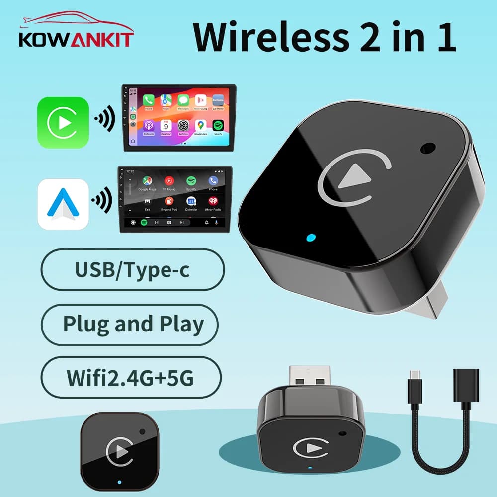 KowanKit Dongle Wireless Carplay 2 in 1, Adattatore Android Auto, Mini Box USB Intelligente, Plug & Play, Compatibile con Auto dal 2016+