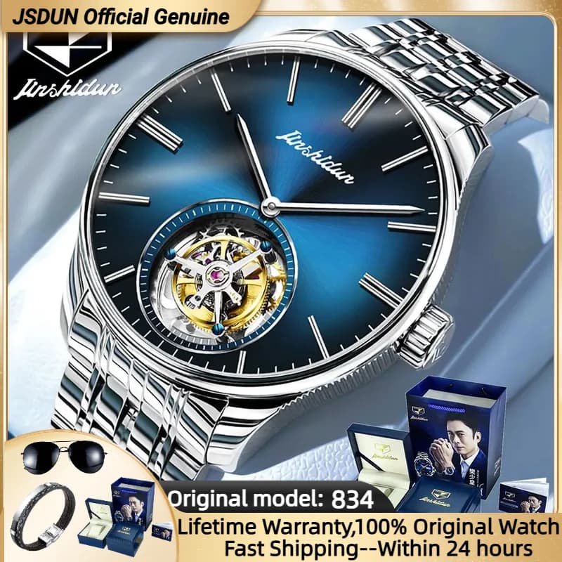 Orologio Tourbillon JSDUN Orologio da uomo con specchio in zaffiro Acciaio inossidabile 50M Orologio meccanico automatico originale impermeabile per uomo
