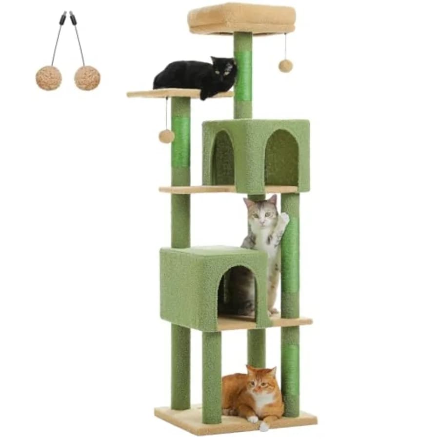 Cactus Cat Tree per Gatti da Interno, Torre per Gatti a 62 Livelli con 2 Condomini Spaziosi, Tiragraffi, 4 Pali Tiragraffi e 2 Piattaforme Superiori