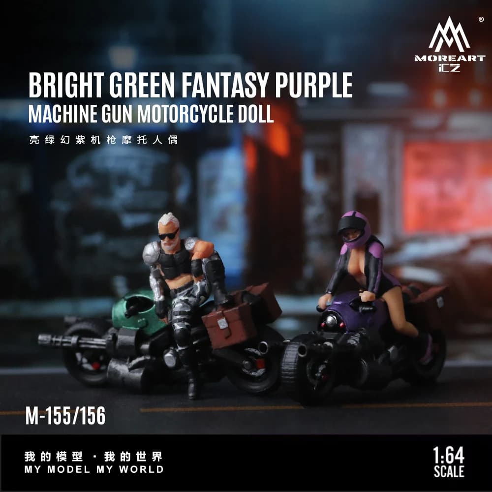 MoreArt 1:64 Modello in resina per action figure di moto viola fantasia verde brillante, decorazione di scene in miniatura, regalo e display
