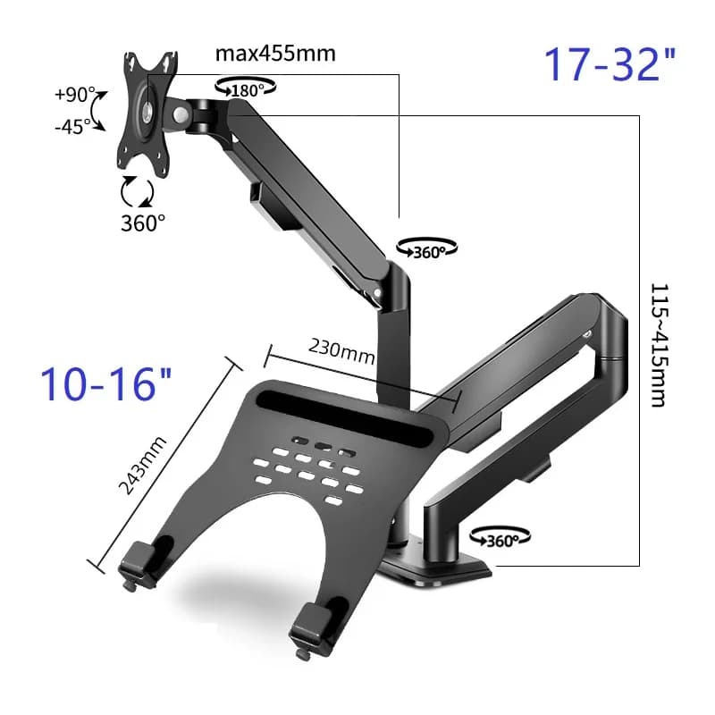 Monitor Arm + Laptop Support, Full Motion Support for Laptop 10-16" and 13-32" Computer LED LCD Screen Support Tilt and Rotate