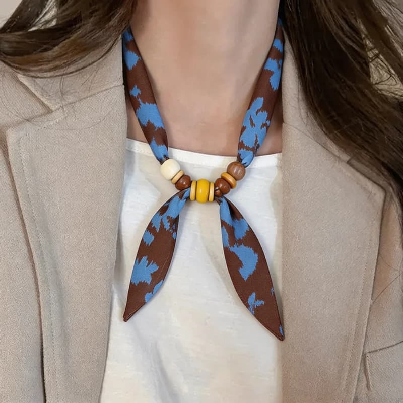 Sciarpa Sottile Vintage Bohemien con Fibbia in Perle di Legno per Donna, Foulard Stampato Multiuso, Sciarpa per Capelli, Accessorio per Borsa, Ideale per Viaggi e Uso Quotidiano