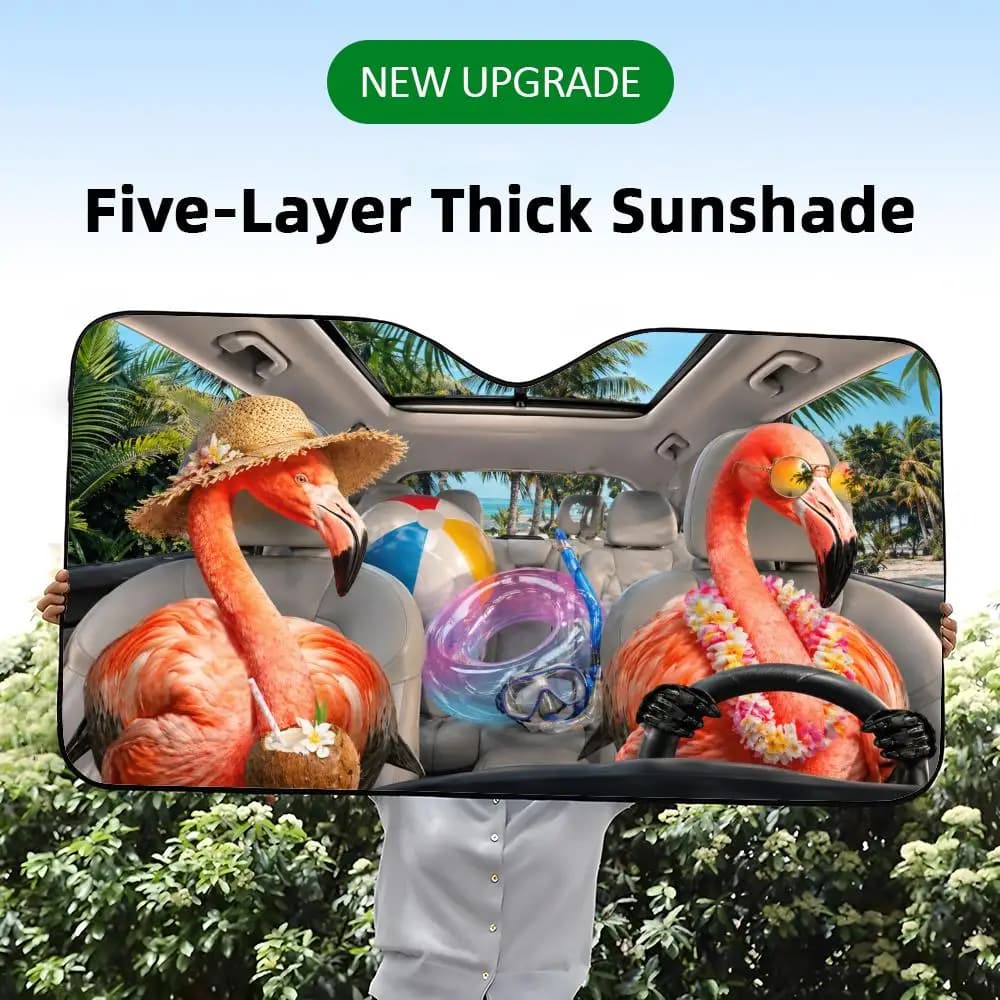 Parasole Pieghevole per Parabrezza Auto con Protezione UV e Scudo Termico, Design Flamingo Beach Road Trip