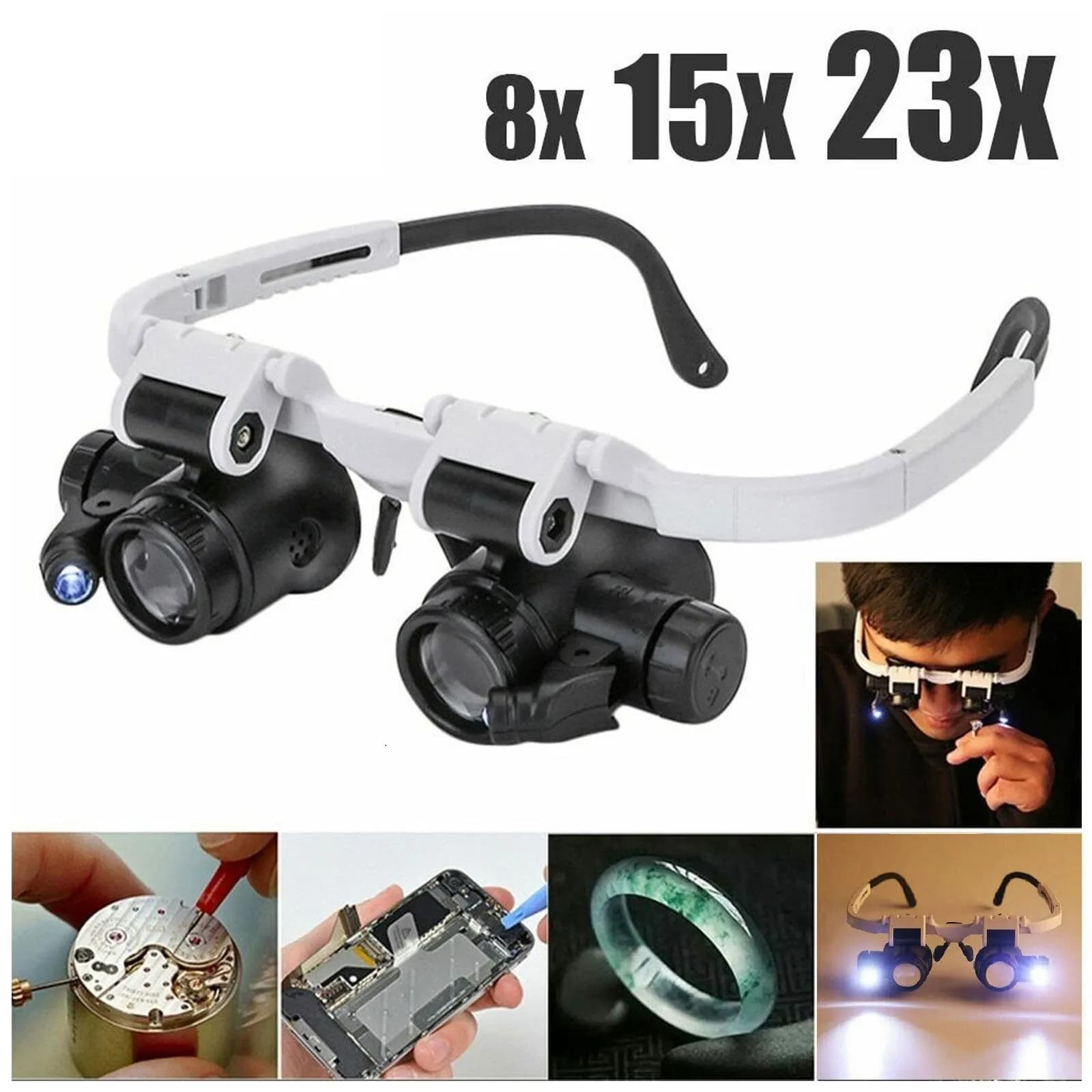 2XLED orologio gioielliere riparazione lente d'ingrandimento fascia montata sulla testa testa lente d'ingrandimento regolabile occhiali lente di ingrandimento 8X 15X 23X