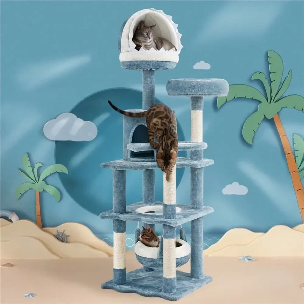 Albero per Gatti a Tema Oceano, 1 Pezzo, con Cuccia e Amaca, Struttura Multilivello, Accessori per Gatti