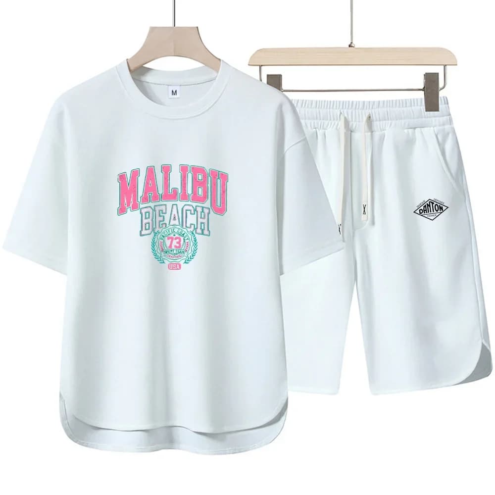 West Coast Style MALIBU BEACH Letter Print Short Sleeve T-Shirt & Shorts Two-Piece Set, Casual Versatile Outfit for Young Adults