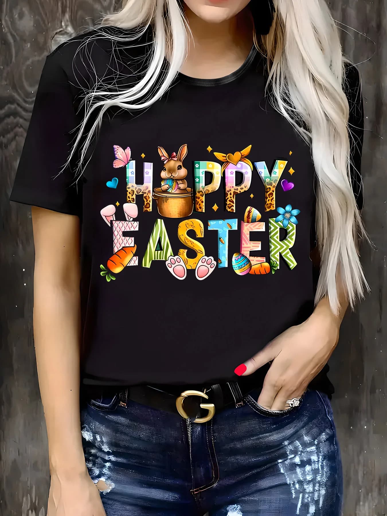 Top da donna, t-shirt casual con scollo rotondo, motivo con lettere/stampa, stile primavera/estate, comodo e facile da curare