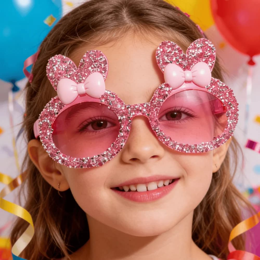 Kids Cute Rabbit Ear Sunglasses Sparkle Crystal Border Bow Decor UV Protected Eyewear for Girls Summer Play