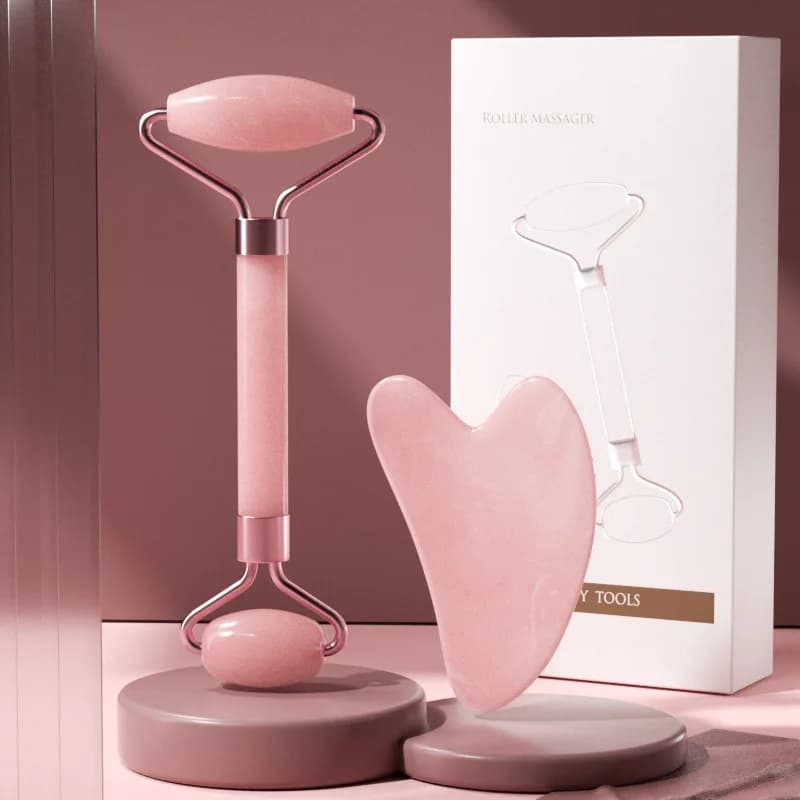 Beauty tool for pink crystal massager with double head face roller for wrinkle reduction and complete set for light skin care