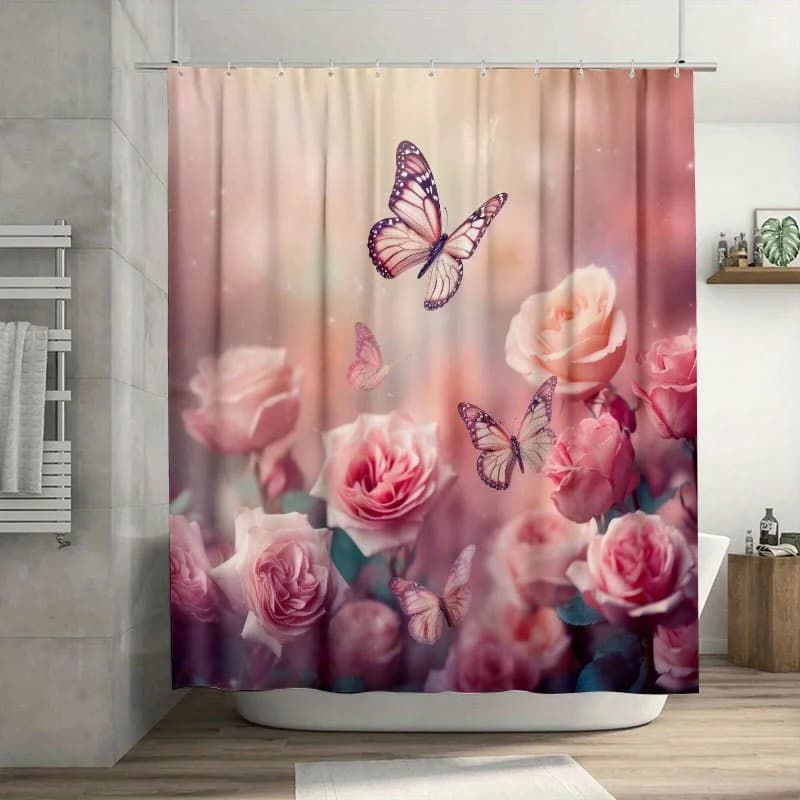 Tenda da doccia pasquale primaverile da 1 pezzo, rose e farfalle rosa, poliestere resistente, facile da pulire, per l'arredamento del bagno e della finestra