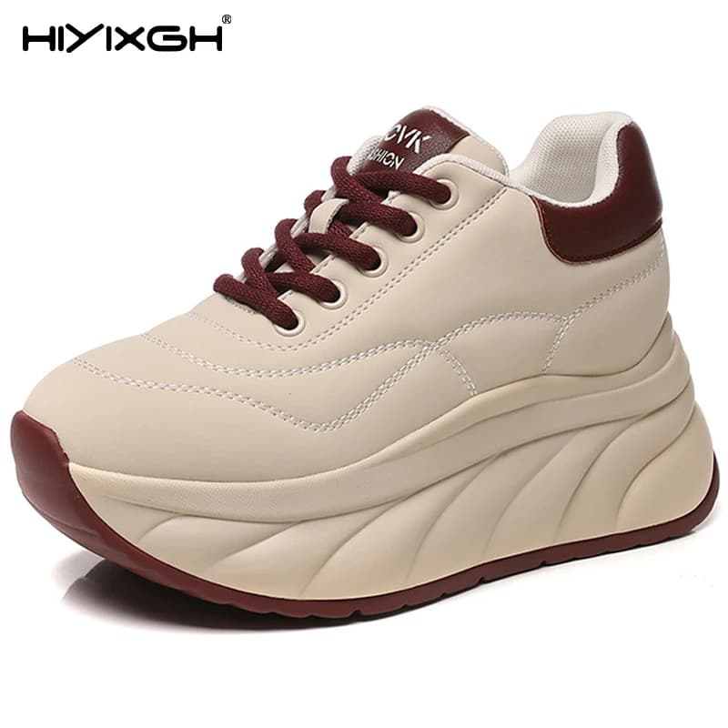 Sneakers robuste in vera pelle da 8 cm per donna Sneakers con plateau Scarpe casual da donna con zeppa con tacco Slip on scarpe estive femminili
