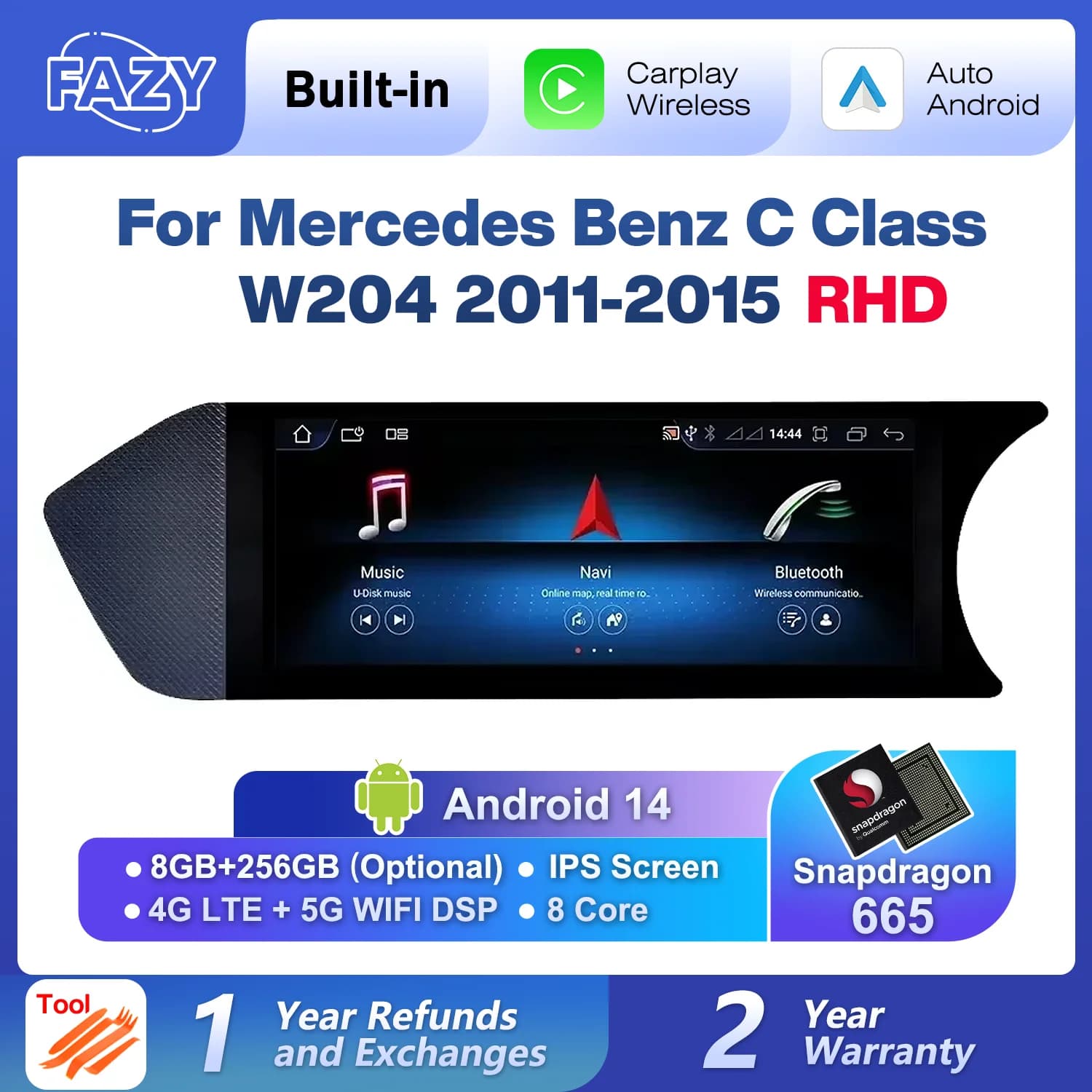 Autoradio Android 14 da 8,8 Pollici con Carplay e Schermo Touch per Mercedes Benz Classe W204 2011-2015 RHD, Lettore Stereo per Auto con GPS e Navigazione