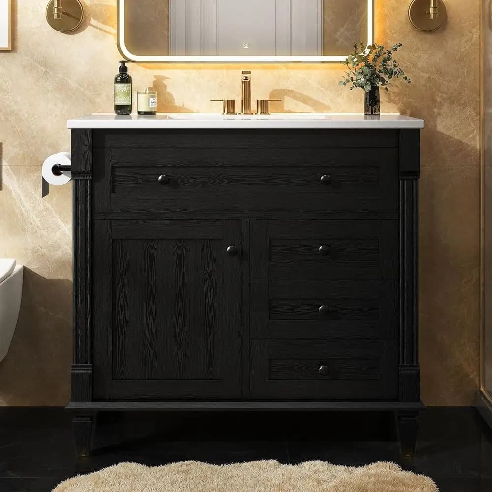 Mobile da Bagno in Legno Massello con Lavabo, Portasciugamani, Gambe Regolabili e Armadietto Portaoggetti