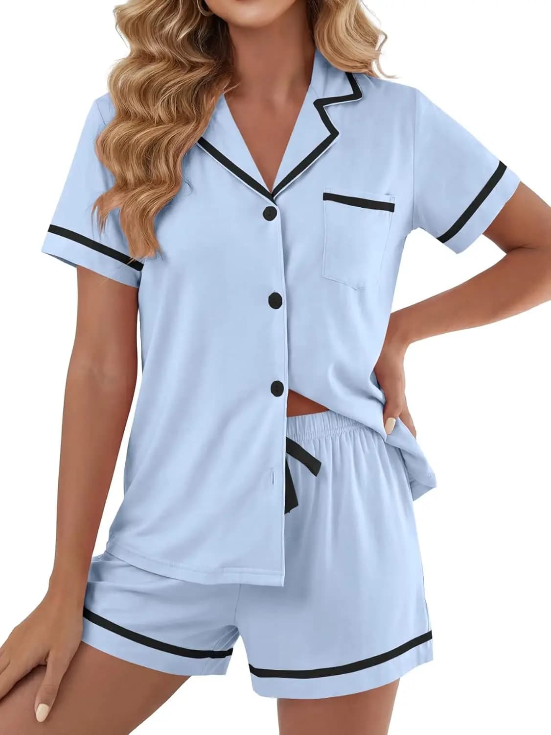 Women's Cotton Pajamas Set Button Short Sleeve Shirt with Shorts Set PJs Loungewear