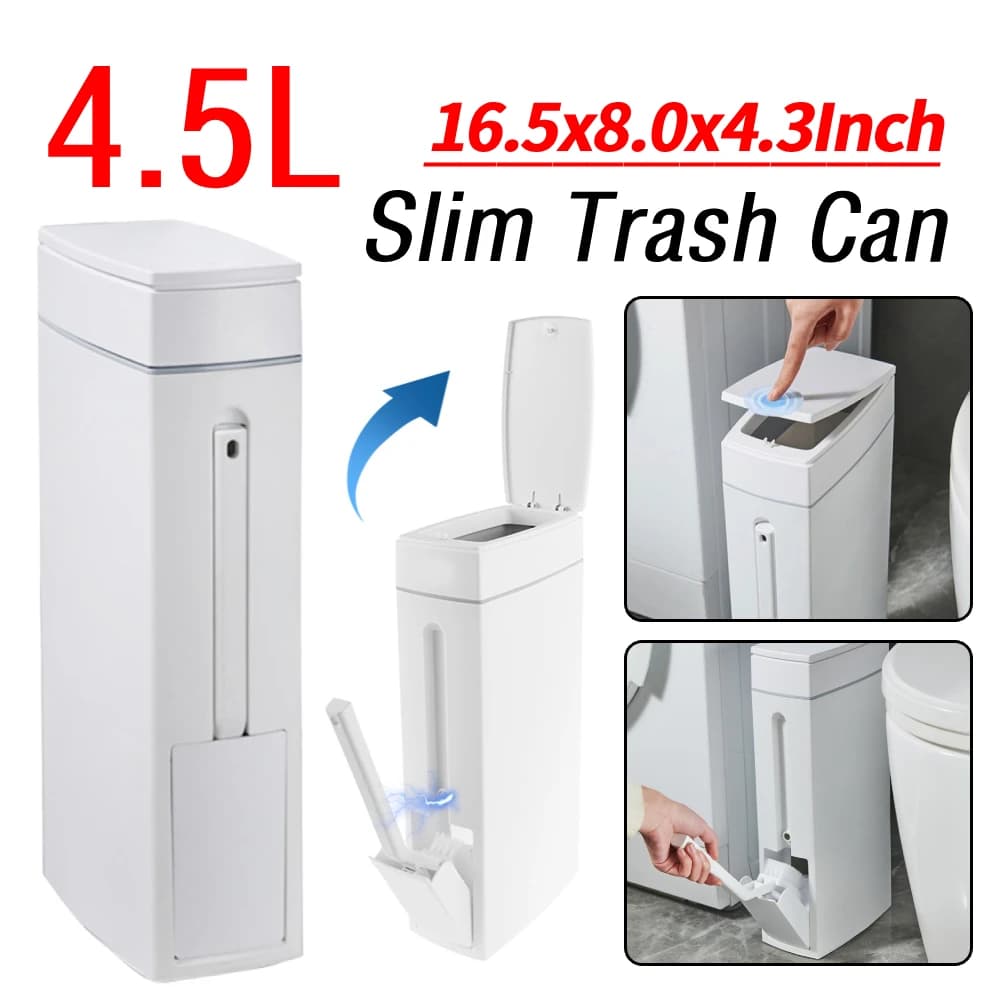 Cestino per Rifiuti Slim da 4,5L con Spazzola per la Pulizia e Coperchio, Contenitore in Plastica per Bagno, Bidone della Spazzatura per Spazi Stretti
