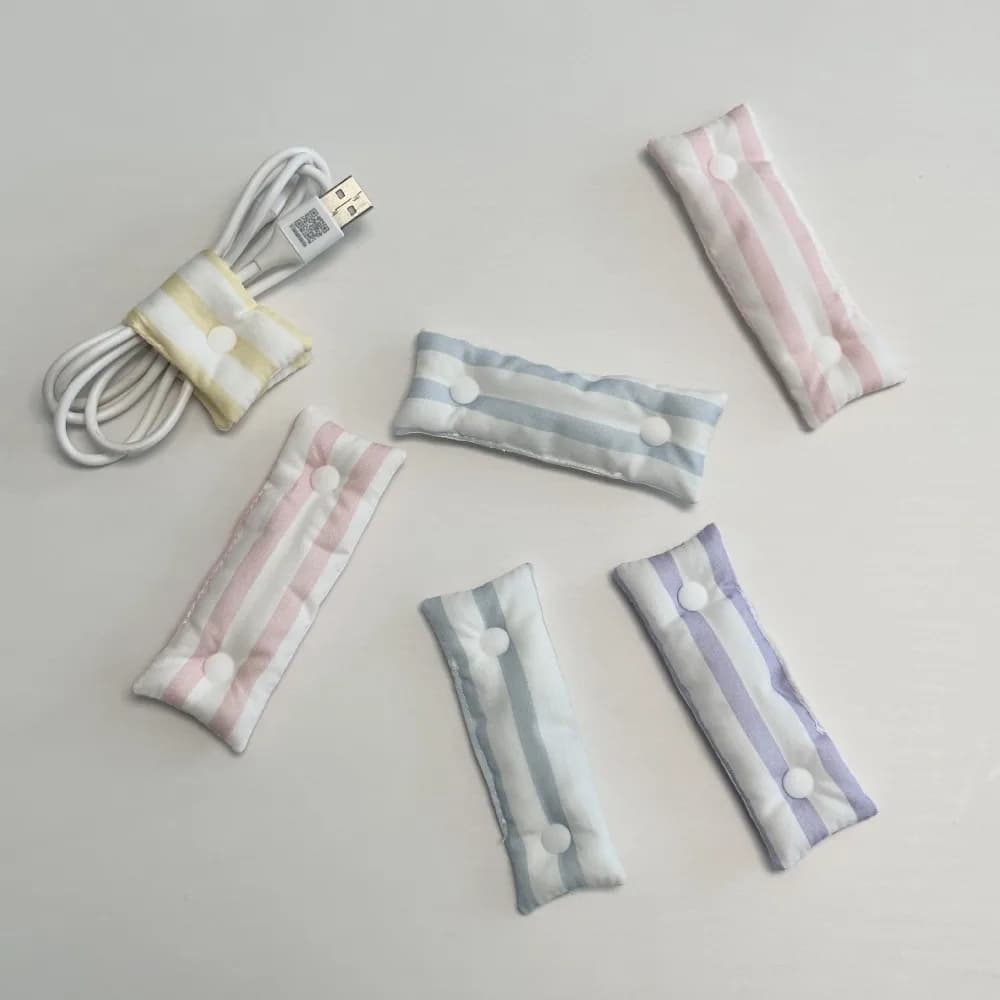 1 Piece Cute Fabric Macaron Stripe Fluffy Cable Organizer Multifunctional Desk Storage Pouch for Earphone Tie Soft Cord Winder