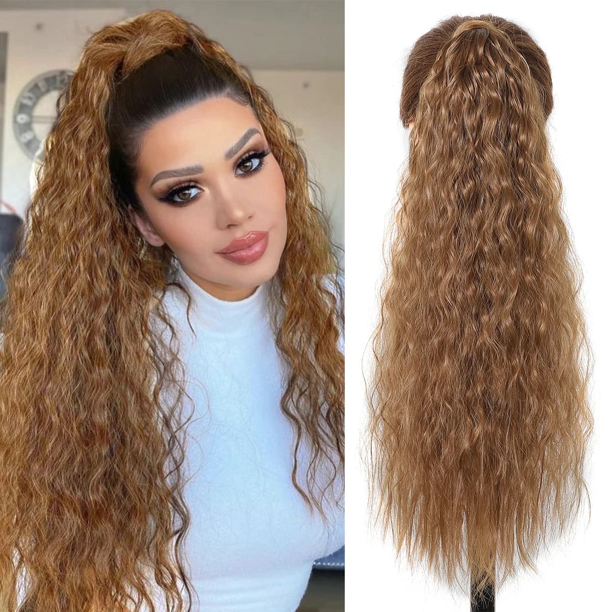 LOUIS FERRE Estensione per capelli a coda di cavallo ricci lunghi marroni premium con cinturino in velcro, capelli sintetici lunghi per donna, uso quotidiano e cosplay