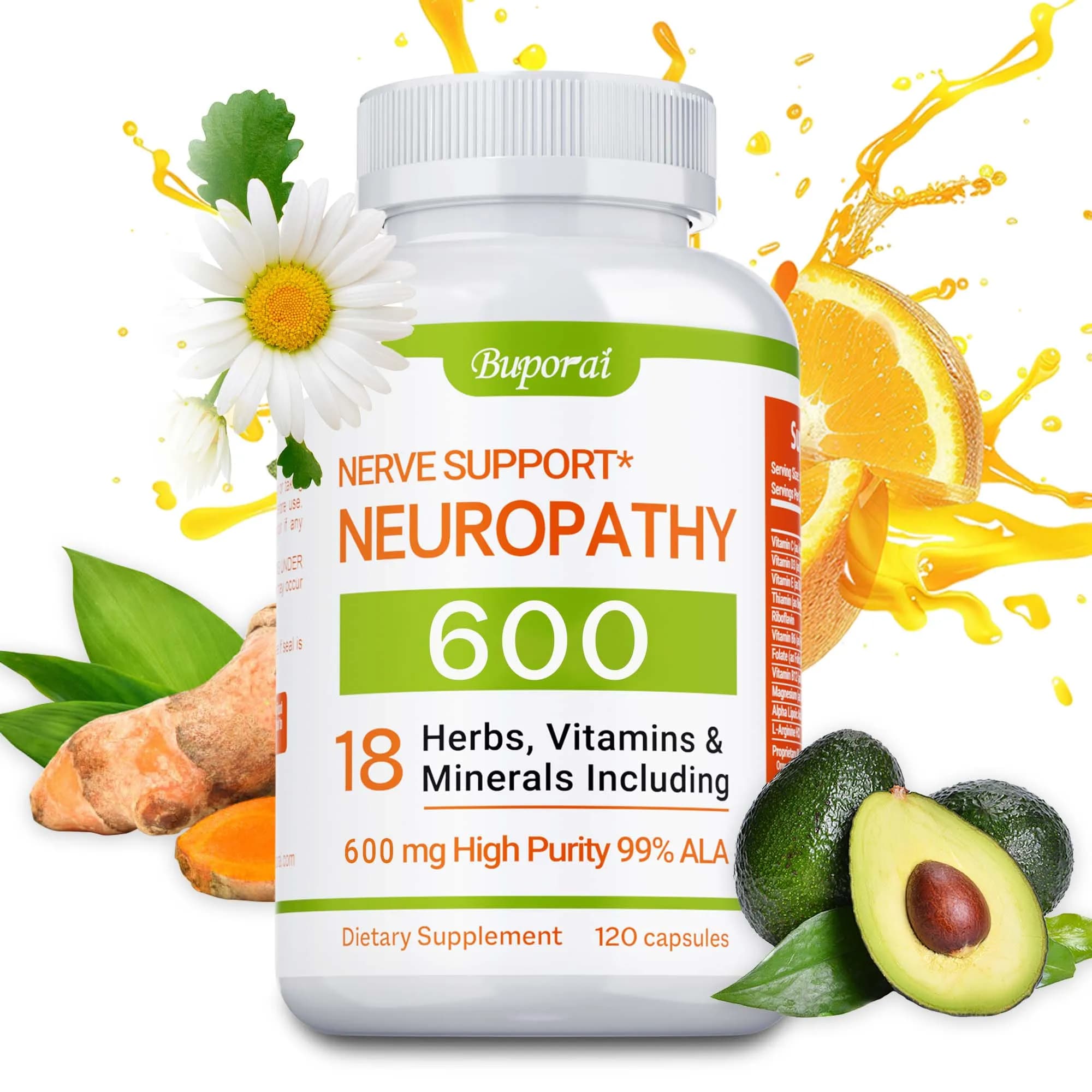 Support supplement for neuropathy 600 mg - Antioxidant, Reduces stress, Promotes nerve health, Cell energy, Metabolism, Non GMO