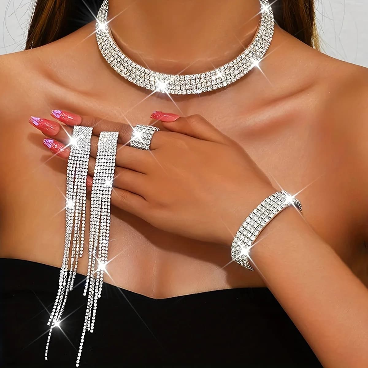 Set di 5 gioielli da sposa argentati: collana girocollo, orecchini, bracciale, anello, perfetti per matrimoni, balli di fine anno ed occasioni formali