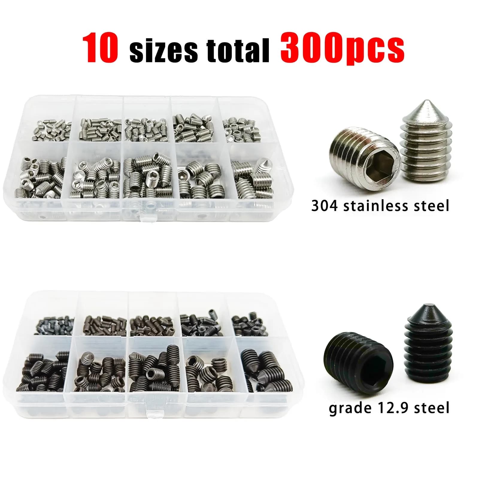 300 pcs/box Mix M3 to M8 10 size Hexagon Kit Built-in Extremity Conica Grub Bolt Point Cone Fixing Screw 304 Stainless Steel Black Grade 12.9 Steel