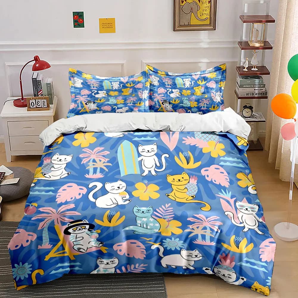 Fun Cats and Tropical Elements Pattern Duvet Cover Set Digital Print Colorful Polyester Bedding with Zipper Closur for gifts