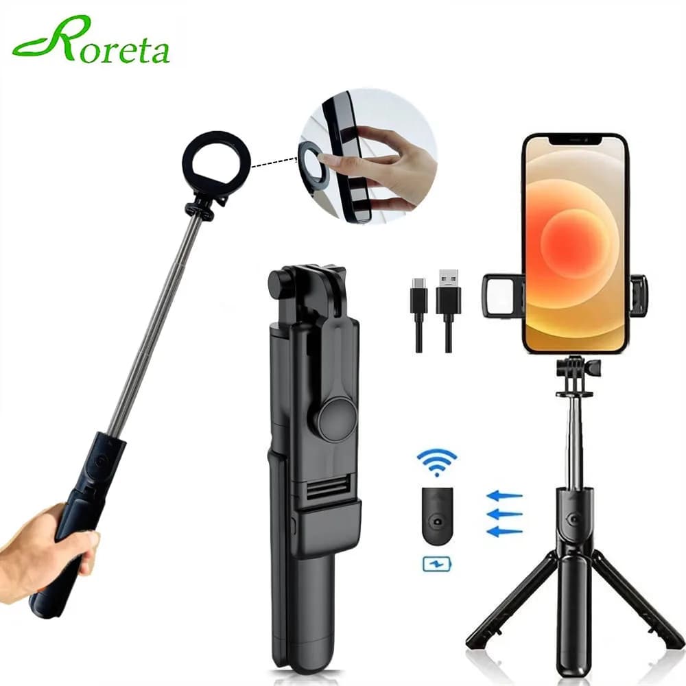 Roreta Nuovo treppiede selfie wireless magnetico con luce di riempimento Bluetooth otturatore telecomando monopiede pieghevole portatile per telefono
