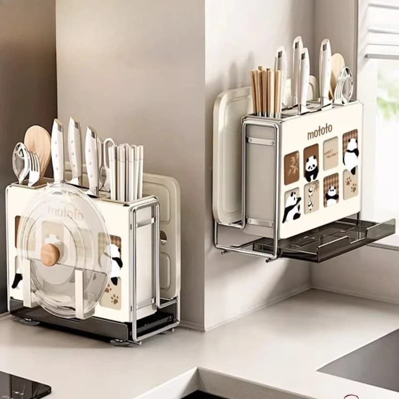 Cutting Board Rack with Knife Holder, Kitchen Countertop Organizer, Chopstick Tube and Utensil Storage, Multifunctional Block