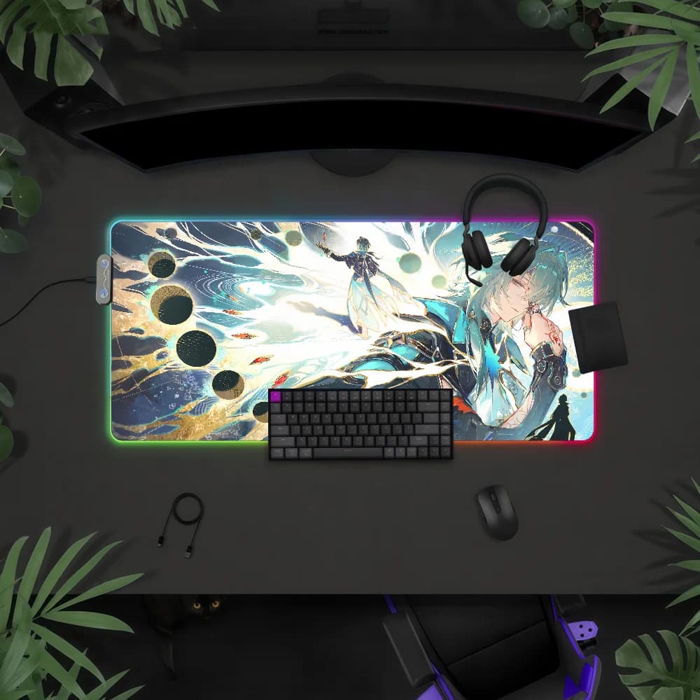 Tappetino per mouse Game Anaxa Honkai Star Rail con luce LED RGB, tastiera da gioco colorata, copertura antiscivolo, superficie impermeabile
