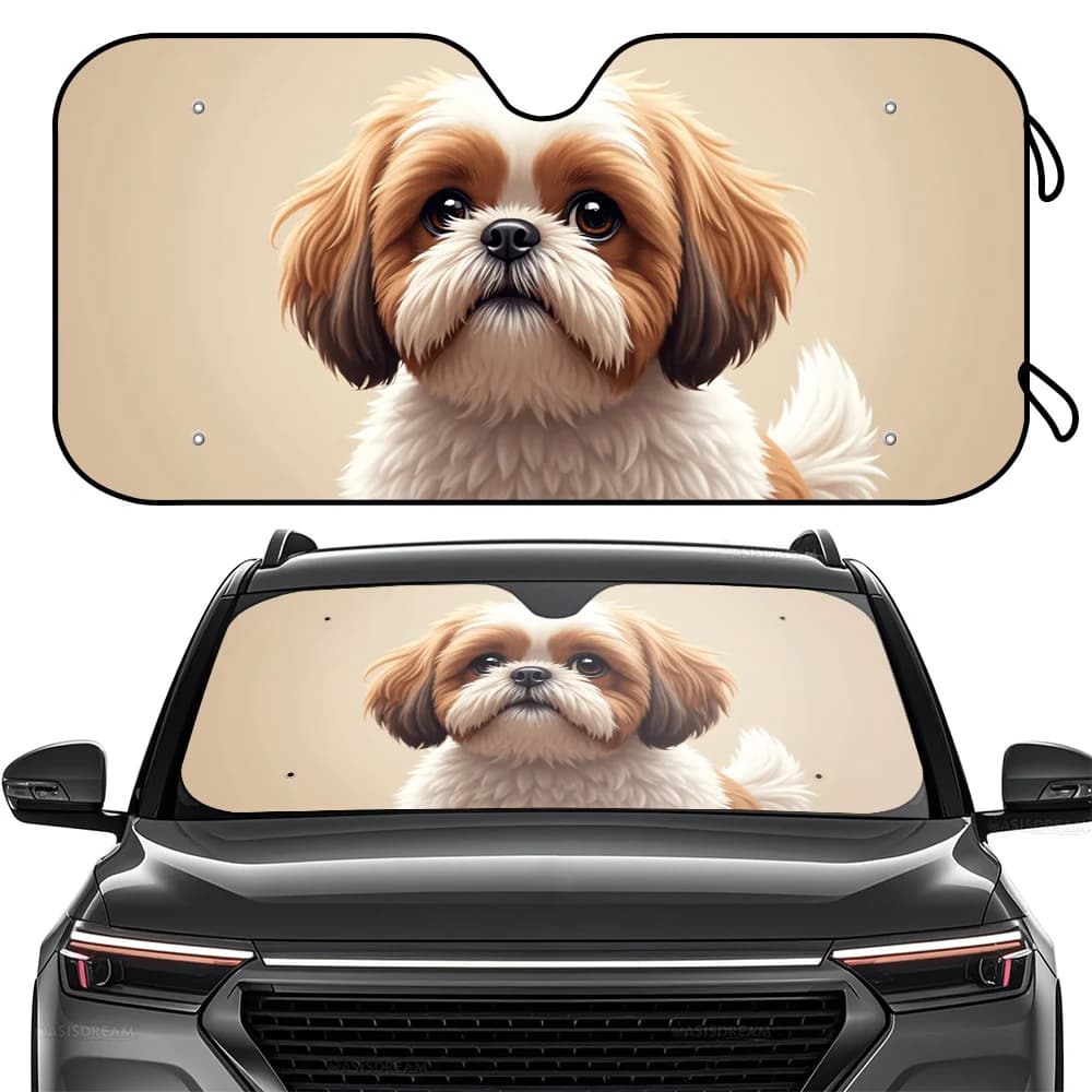 1pc OASISDREAM Shih Tzu RV Parabrezza Parasole - Parasole pieghevole con blocco UV con 4 ventose, design simpatico cane, mantiene l'auto