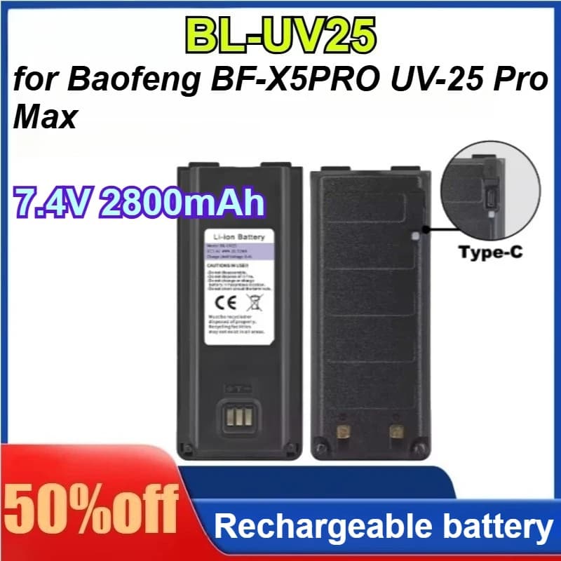 Batteria di ricambio BL-UV25 7.4V 2800mAh agli ioni di litio per walkie-talkie Baofeng BF-X5PRO UV-25 Pro Max con Type-C