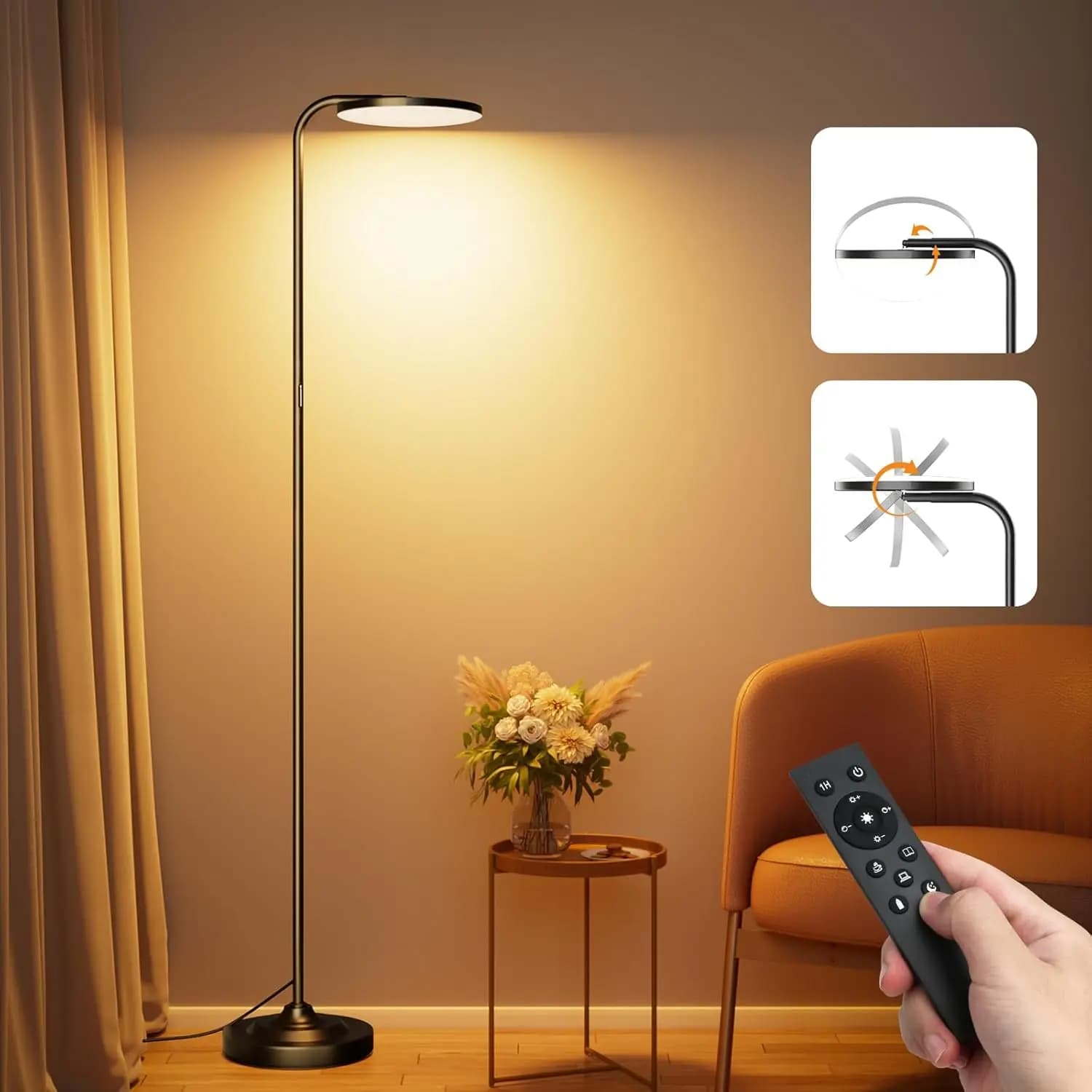 Lampada da terra a LED da 36W, luce regolabile senza gradazioni con telecomando, 350 ° Testiera Girevole per Soggiorno