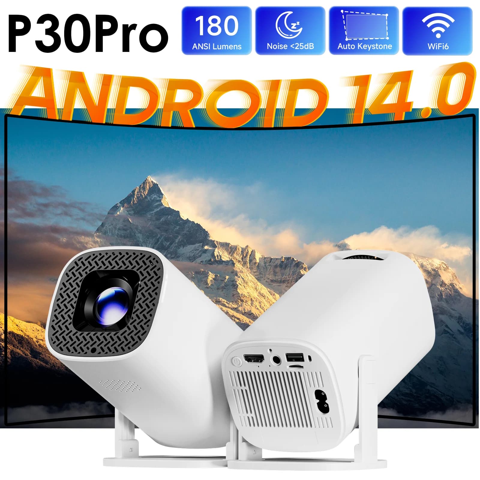 P30PRO Android 14 Mini proiettore intelligente Supporta video HD 4K WiFi 6 BT5.0 Proiettore portatile esterno per home theater nativo 720p