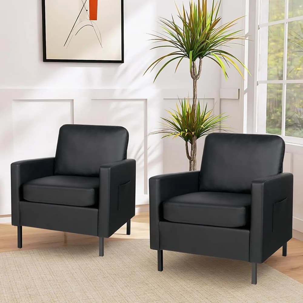 AODAILIHB Set of 2 black leather accent chairs, modern accent chairs with armrests, small side chair 2 pockets/thick single